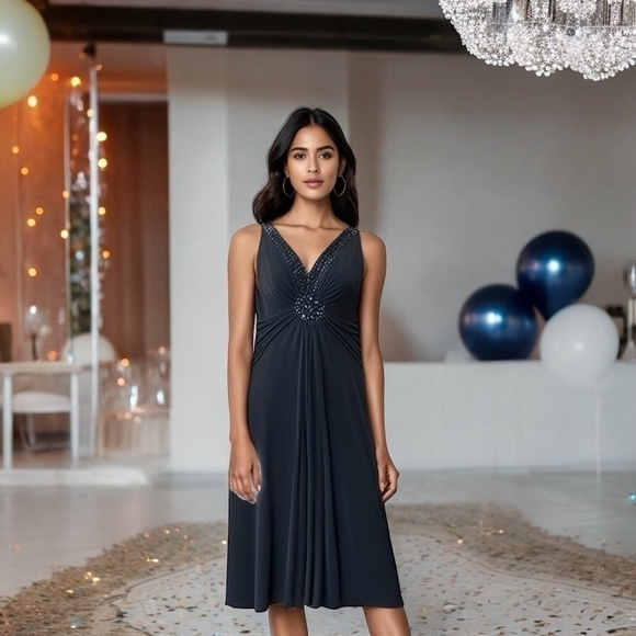 JESSICA HOWARD Beads Embroidered Sleeveless V-Neck Fit&Flare Evening Dress Gown - Picture 1 of 7